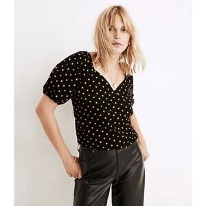 MADEWELL Corduroy Puff Sleeve Wrap Top in Oval Dot Black Yellow Size Medium Boho